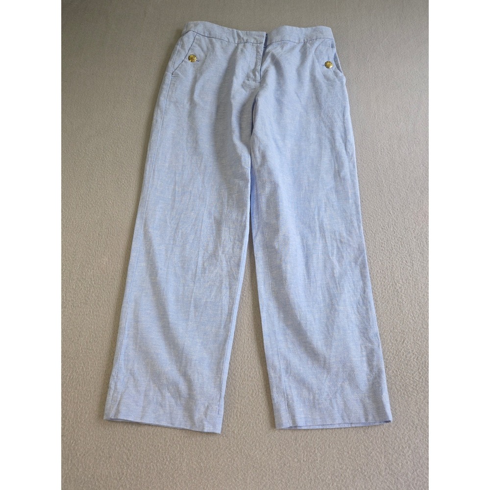 J.Crew Linen Cotton Pants Womens 10 Blue Wide Leg Gold Crest Button High Rise